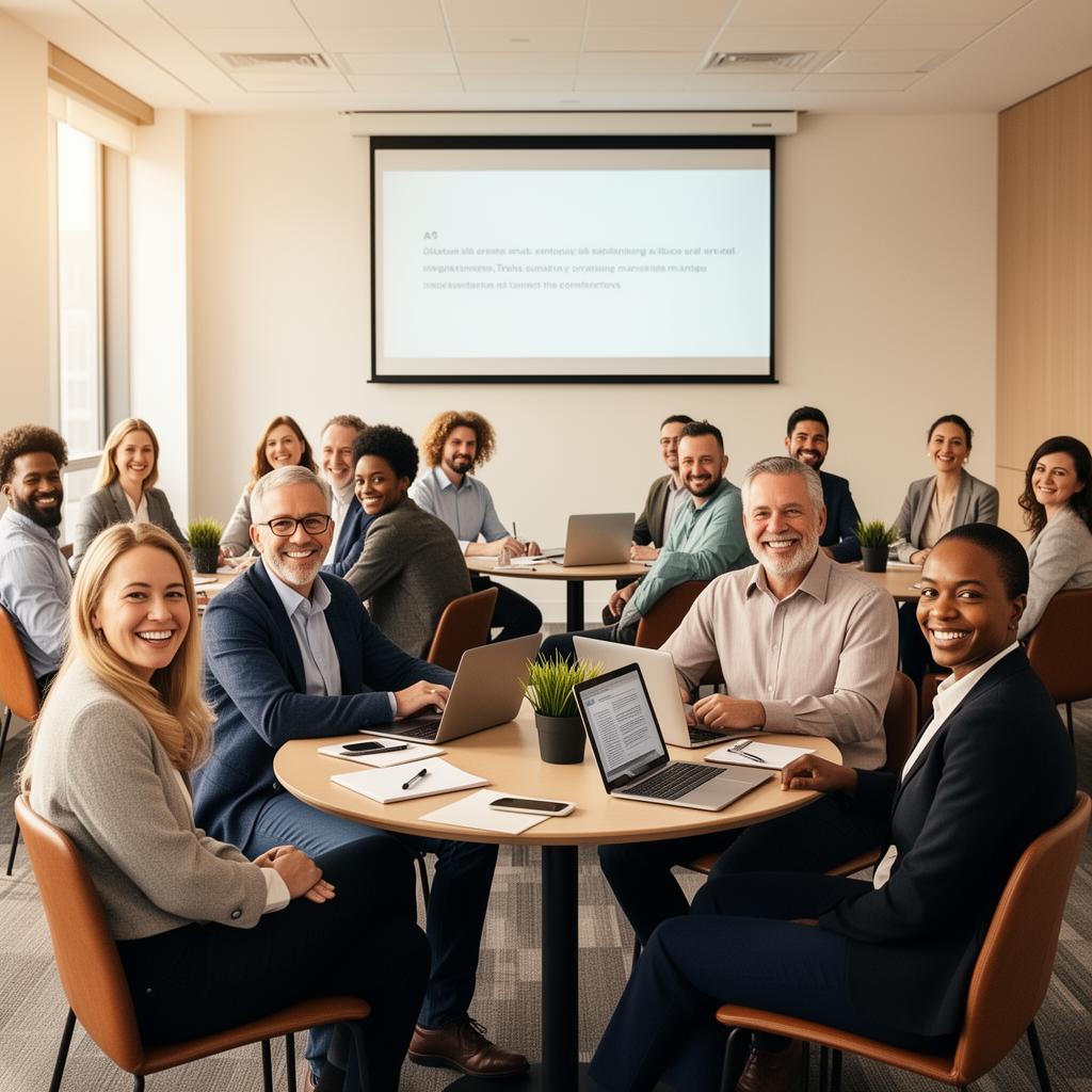A large diverse group of professionals collaborating around a meeting table